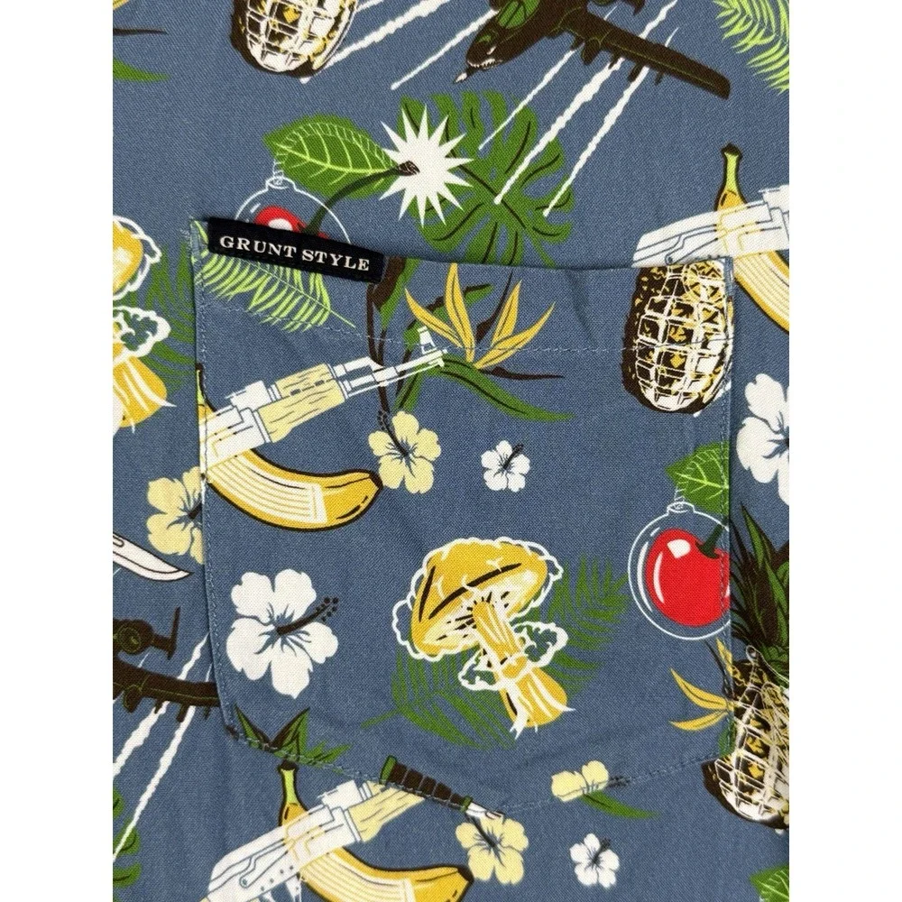 Grunt Style Button Up Shirt Hawaiian Tropical All Over Print Military Mens Small